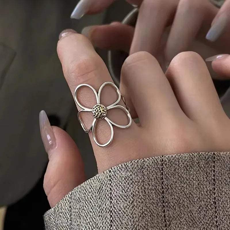 VENTFILLE 925 Sterling Silver Rings INS Fashion Hip Hop Vintage Couples Hollow Lines Punk Thai Silver Party Adjustable  Jewelry