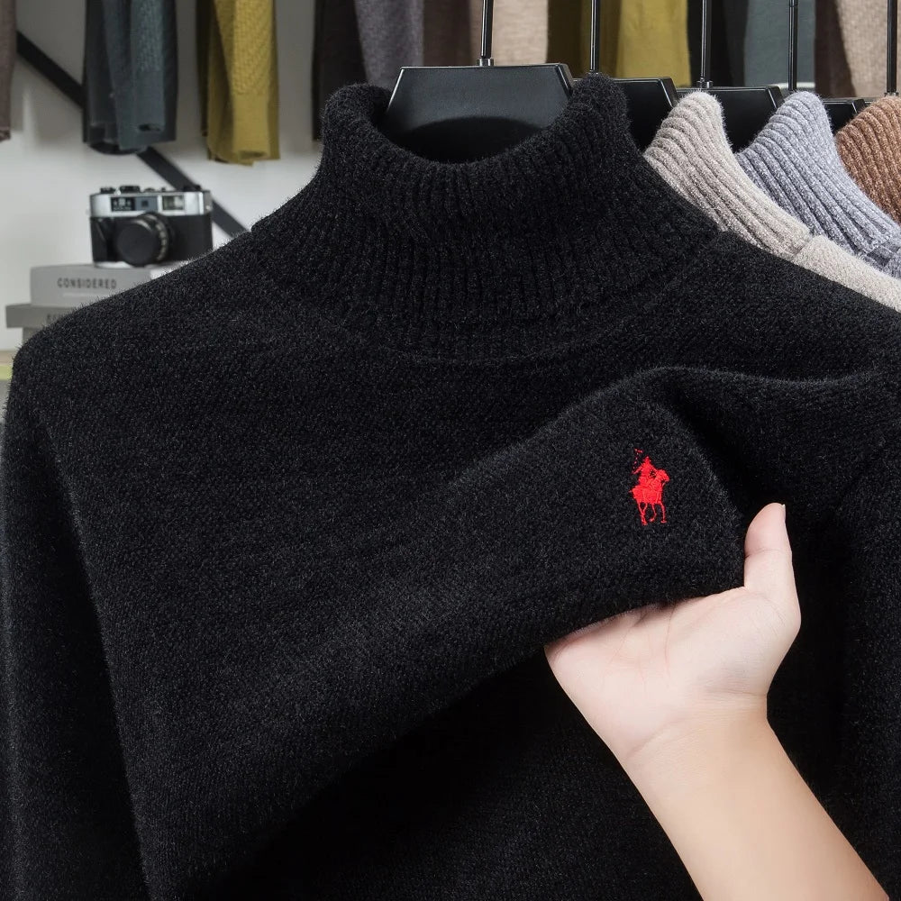 High end brand velvet sweater men's new fashion designer exquisite pony embroidery winter thick warm high neck knitted pullover