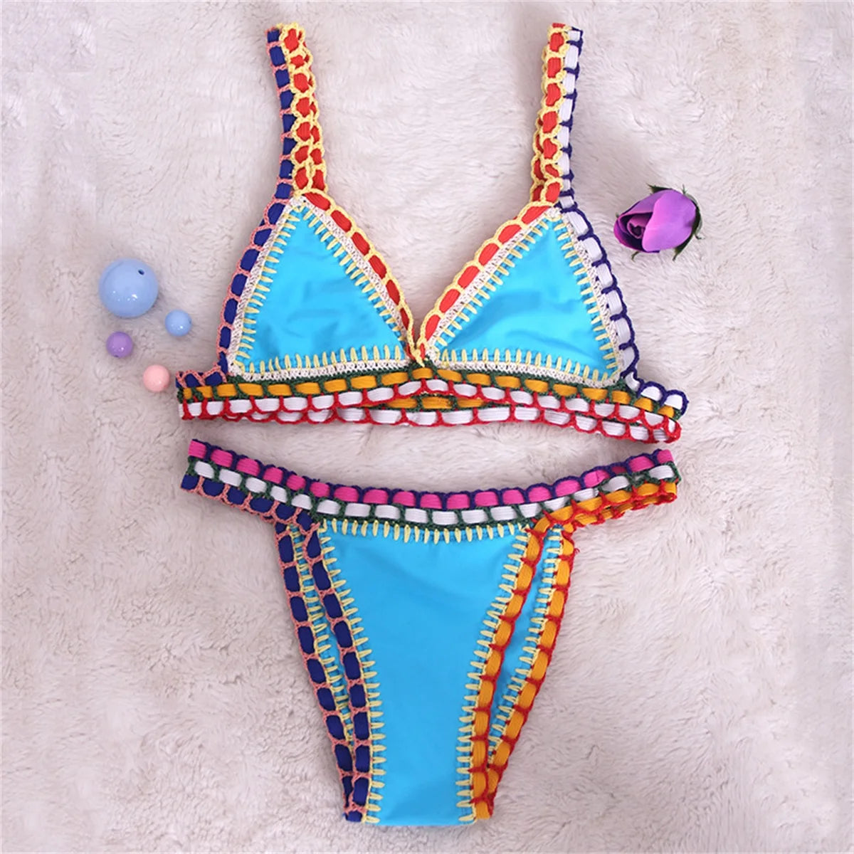 Pink Crochet Bikini  Sexy Women Swimsuit Female Swimwear Micro Bikini Set Bandeau Swimming Suit Beachwear Brazilian Biquini