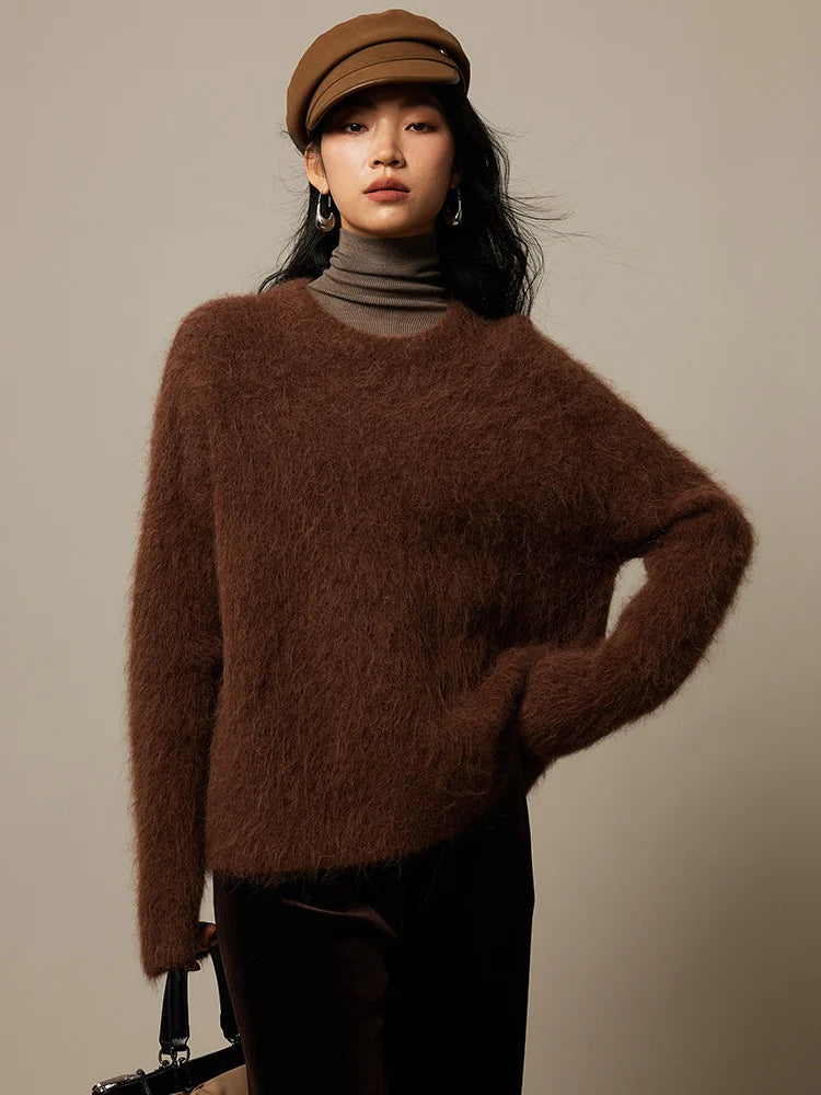 SuyaDream Warm Alpaca Pullovers for Woman, Dropped Sleeved Loose Sweaters, Brushed Wool Knit Sweater,  Fall Winter Top