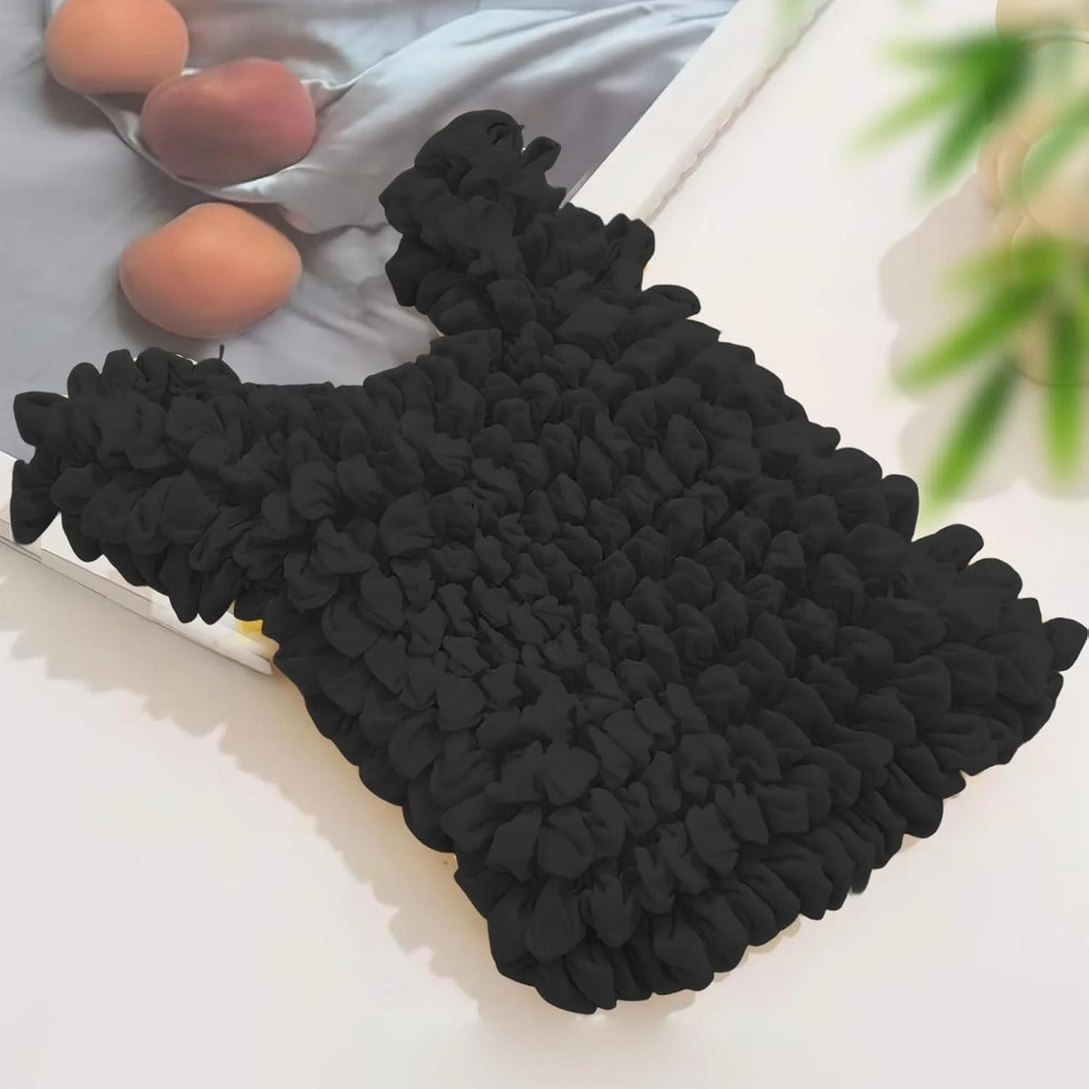 Hedgehog Bag Black Bubble Crepe Textured Shoulder Bag