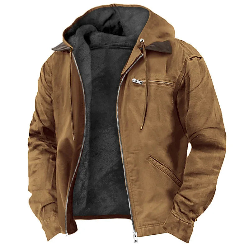Men's Autumn Winter Casual Hooded Zipper Solid Fleece-lined Warm Jackets Male Multi Pockets Outdoor Hoodies Coats Outerwear