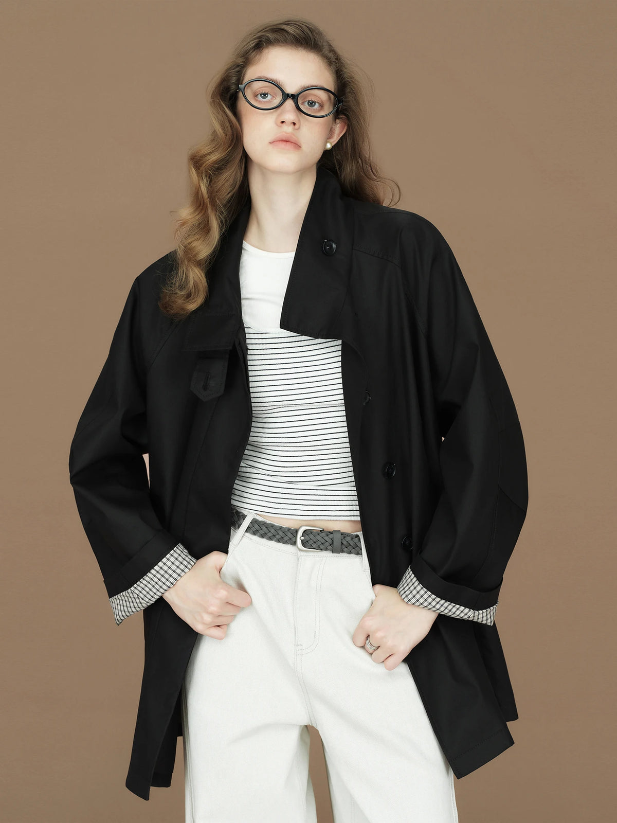 FSLE  Womens British Trench Coat Contrast Cuff Stand Collar Heritage Workwear Style Pink Black Khaki Short Long Trench Coat