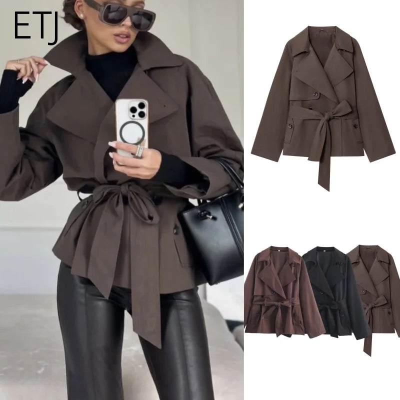 ETJ Autumn  new collection  women's British style lapel double-breasted Maillard color belt casual trench coat