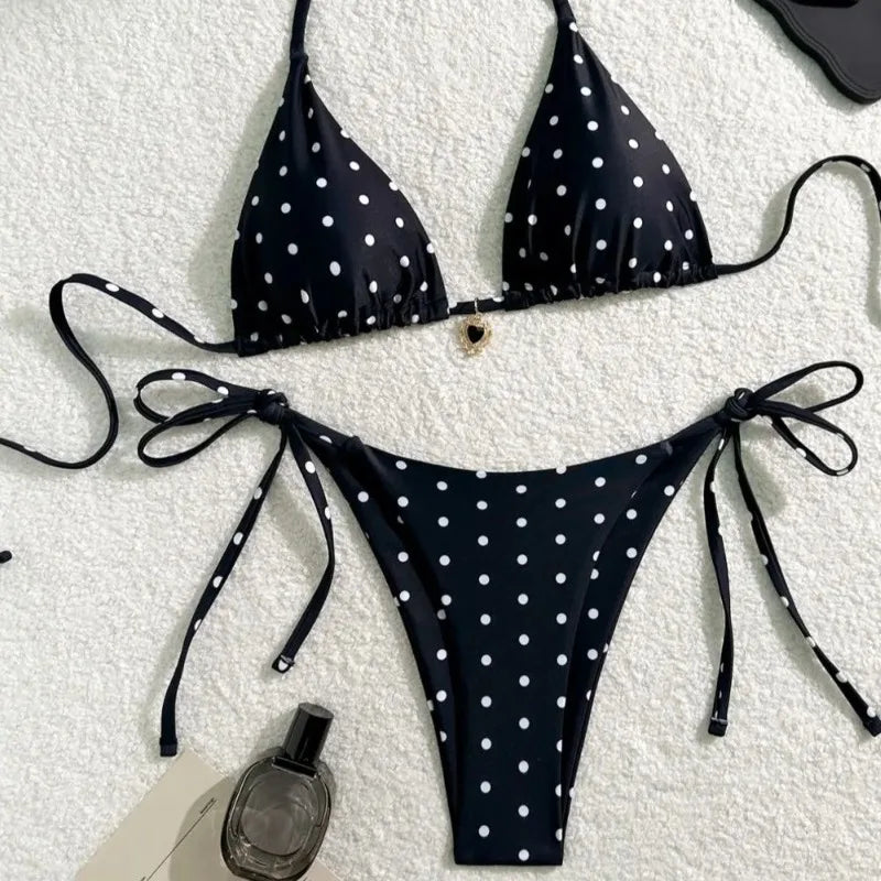 Sexy Bikini Set Black White Polka Dot 2 Piece Swimsuit for Women American Style Beach Bikini