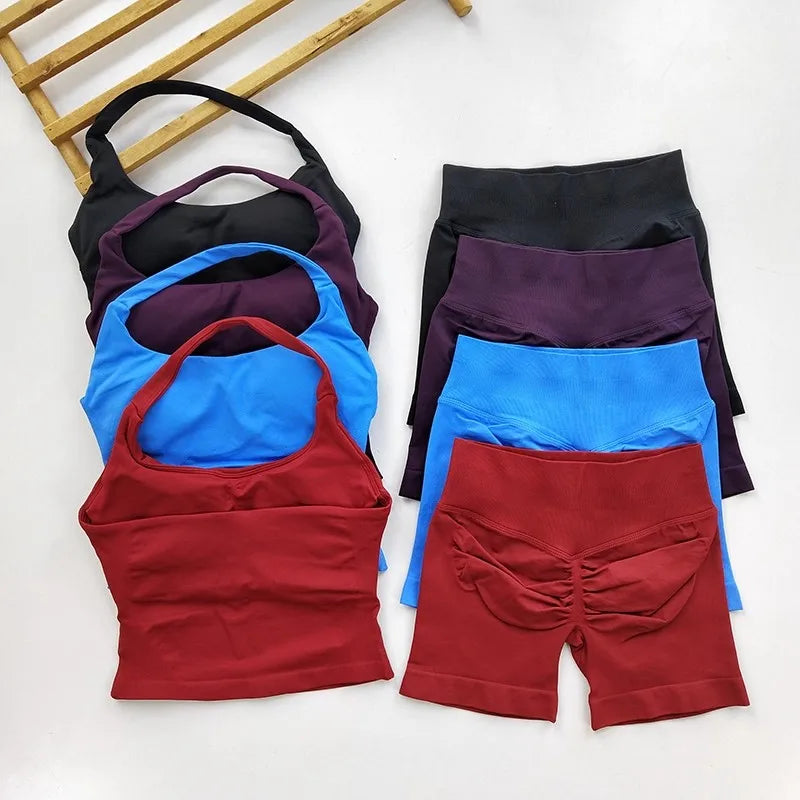 Yoga 2 Pieces Gym Set Women Backless Halter Tops High Waist Seamless Shorts Gym Suit Fitness Sports Bras Sportswear Workout Sets
