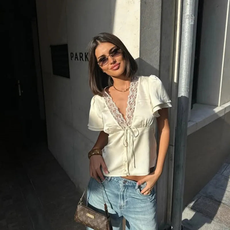 Women Solid Lace Tops V-Neck Short Sleeves Satin Slim Regular Streetwear Tees Female Summer Pure Desire Hot Girl T Shirts