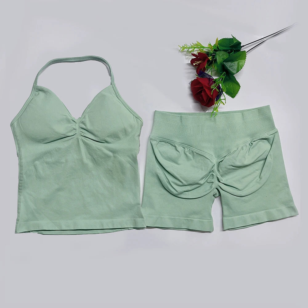 2Pcs Gym Set Yoga Longline Strappy Top and Seamless Scrunch Butt Lifting Short Workout Yoga Set Outfits