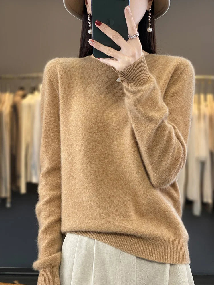 100% Merino Wool Sweater Women O-neck Cashmere Knitwear Female Pullover Autumn Winter Casual Tops Solid Color Soft  Clothing