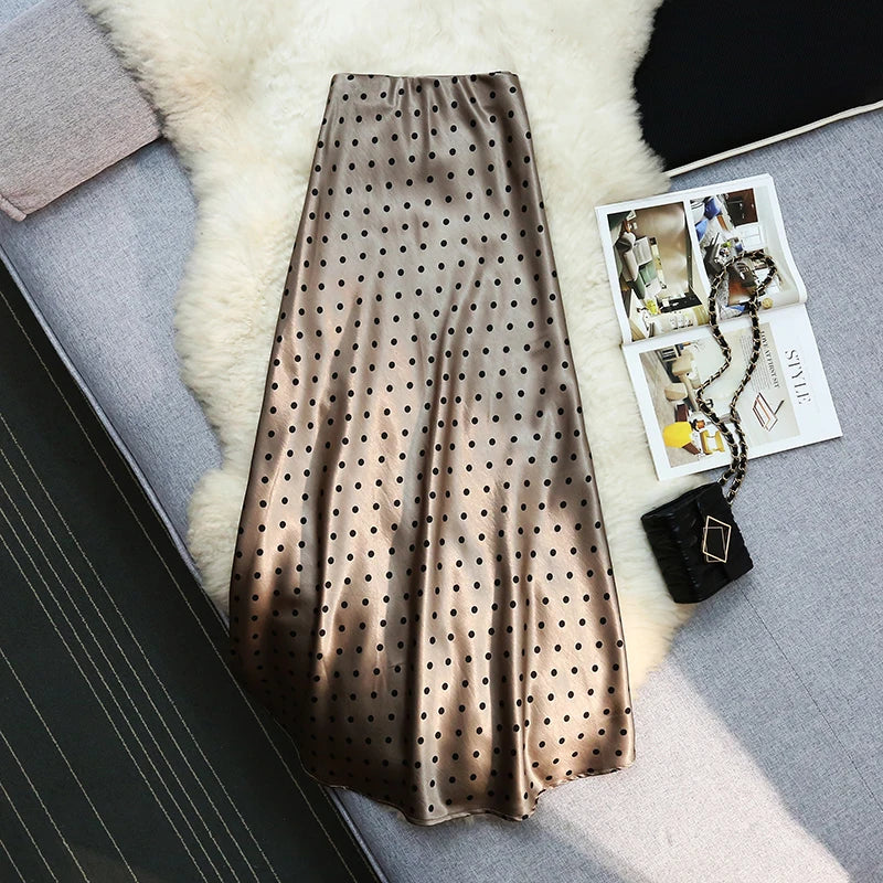 Seoulish Vintage Polka Dot Satin Mermaid Skirts for Women  New Spring Summer High Waist Casual Mid Length Women's Skirts