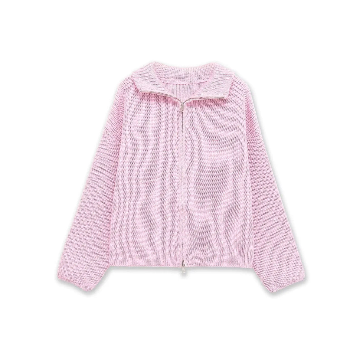 New Spring Striped Loose Knit Cardigans Women Casual Turtleneck Zip-up Pink Sweater Coat Women Knitwear Streetwear
