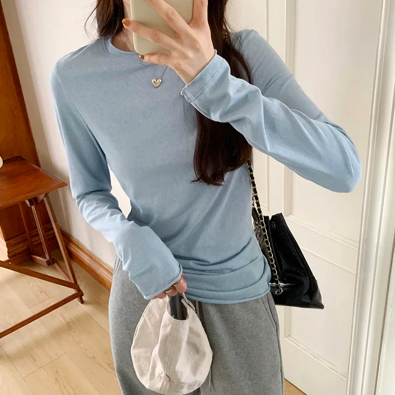 Spring T shirt Women Tops Solid Long Sleeve Ruched O Neck Tshirts Female Korean Casual Streetwear High Quality Base Tees