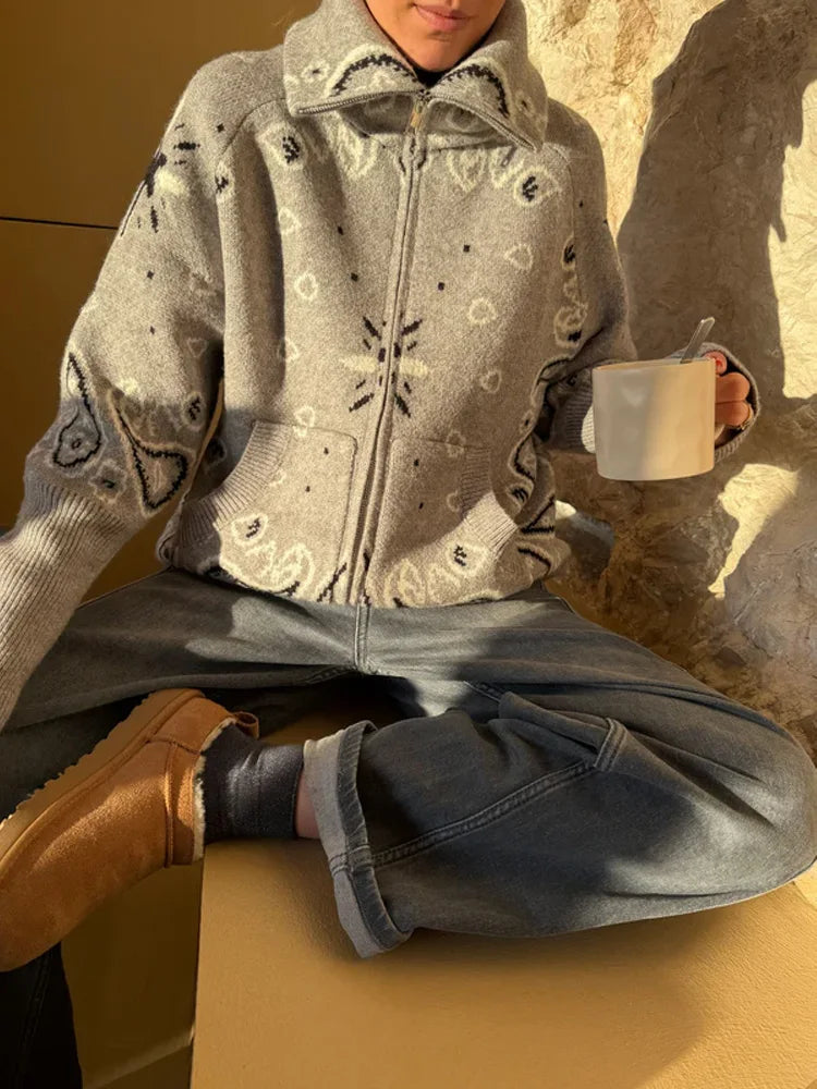 Casual Jacquard Cardigan for Women Loose Stand Collar Zipper Pockets All-match Female Sweater  Spring Thick Warm Knitwear