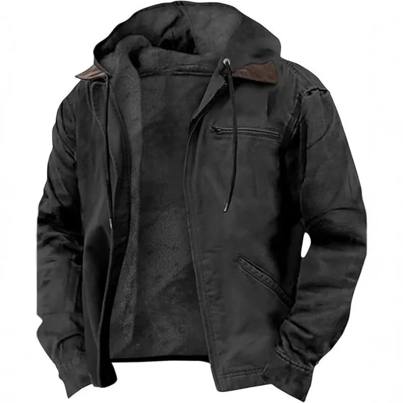 Men's Autumn Winter Casual Hooded Zipper Solid Fleece-lined Warm Jackets Male Multi Pockets Outdoor Hoodies Coats Outerwear