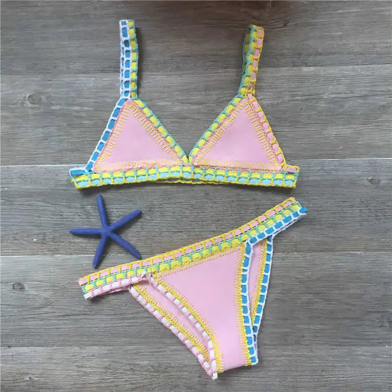 Pink Crochet Bikini  Sexy Women Swimsuit Female Swimwear Micro Bikini Set Bandeau Swimming Suit Beachwear Brazilian Biquini