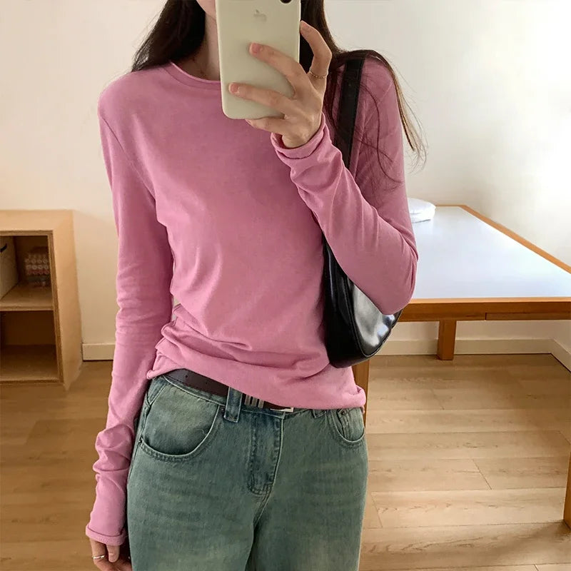 Spring T shirt Women Tops Solid Long Sleeve Ruched O Neck Tshirts Female Korean Casual Streetwear High Quality Base Tees