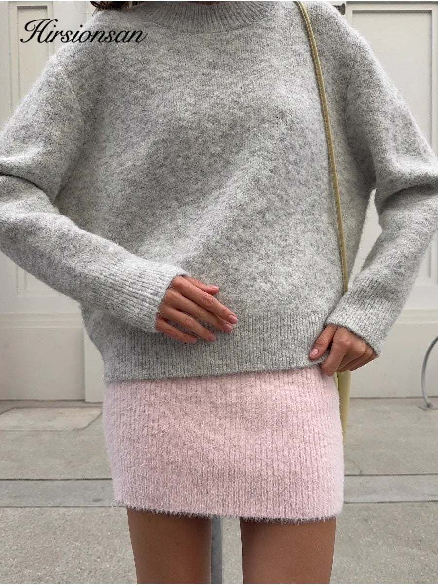 Hirsionsan Basic O Neck Basic Sleeve Sweater Women  Oversized Short Knitted Wool Pullover Female Casual Thick Warm Soft Tops