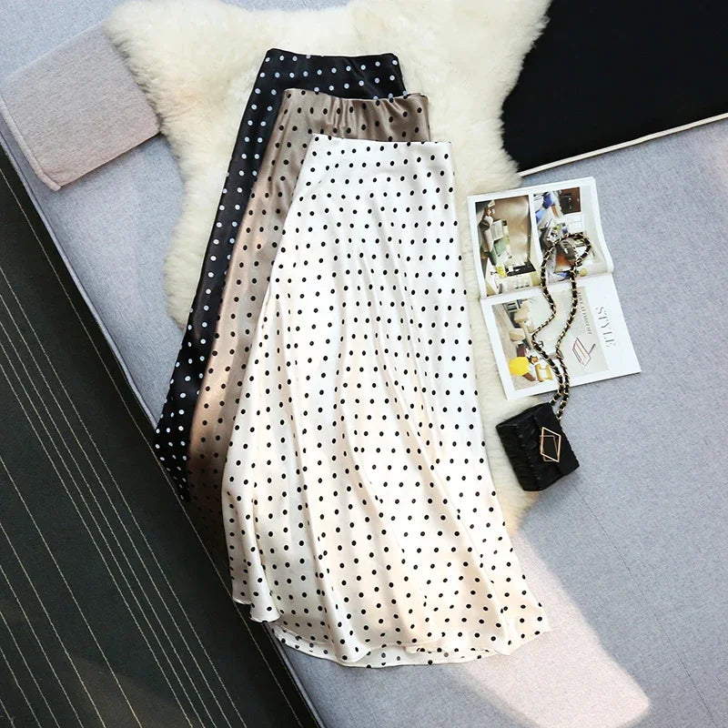 Seoulish Vintage Polka Dot Satin Mermaid Skirts for Women  New Spring Summer High Waist Casual Mid Length Women's Skirts
