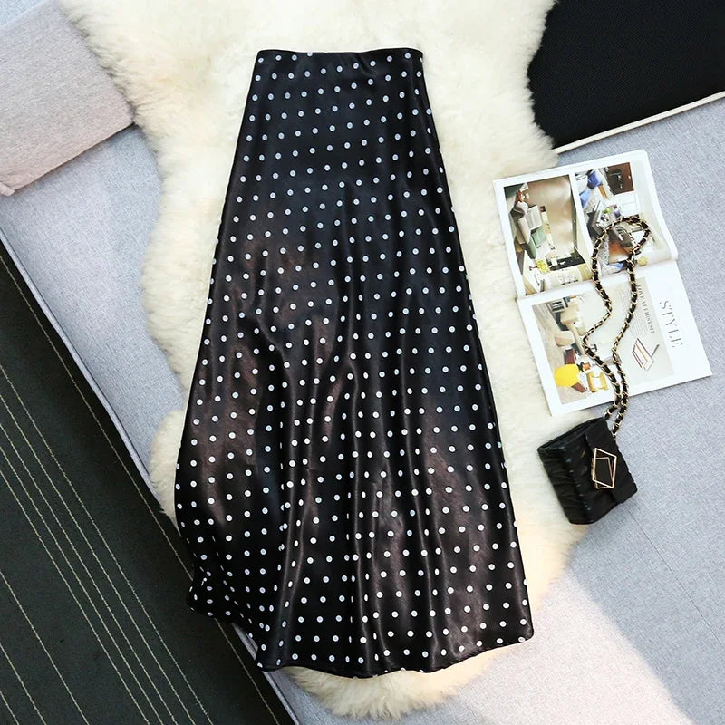 Seoulish Vintage Polka Dot Satin Mermaid Skirts for Women  New Spring Summer High Waist Casual Mid Length Women's Skirts