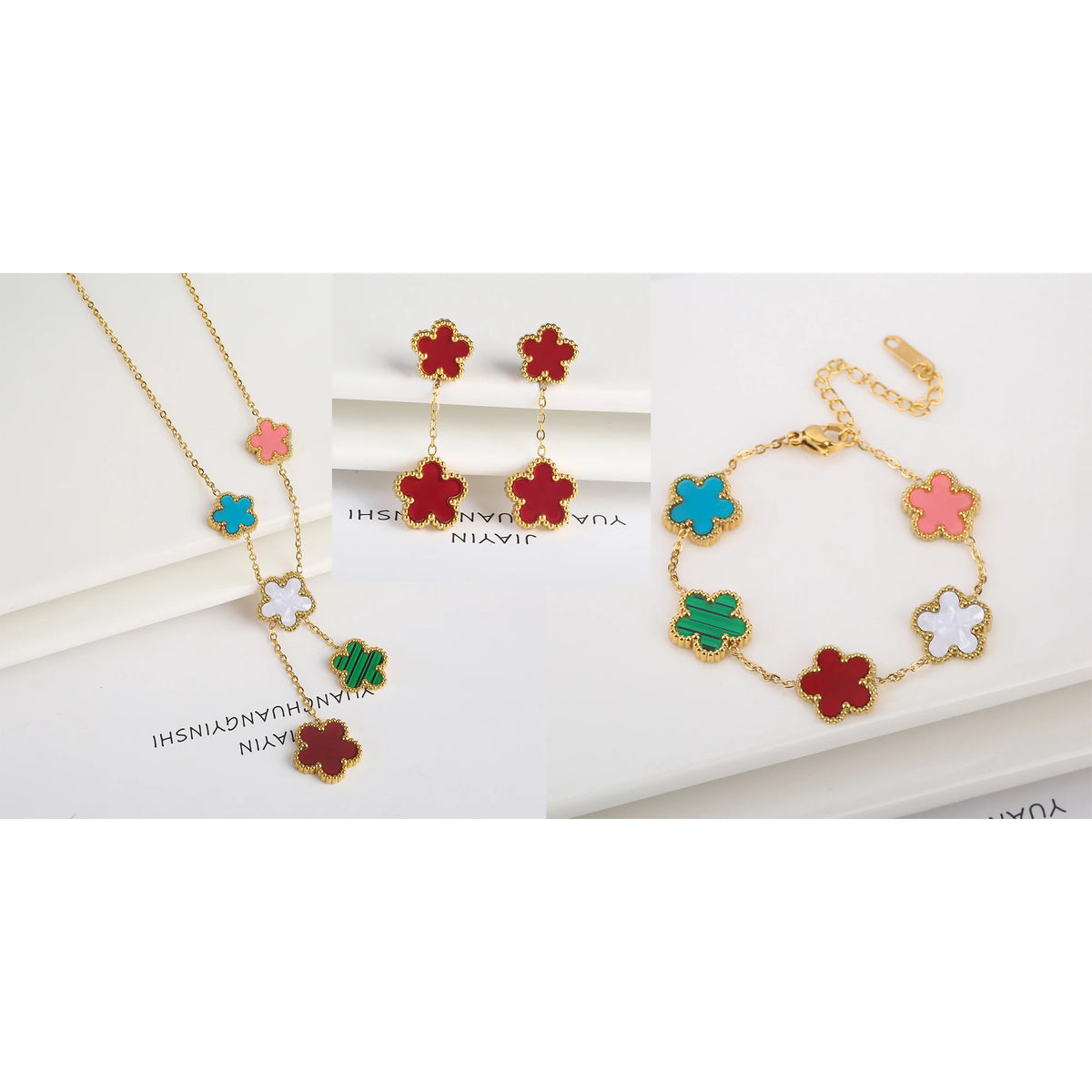 18K Gold Clover Jewelry Set – Necklace, Earrings & Bracelet