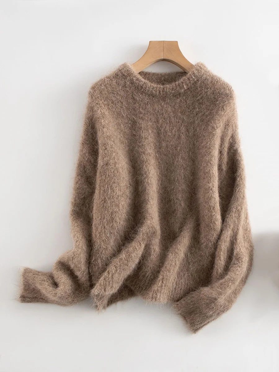 SuyaDream Warm Alpaca Pullovers for Woman, Dropped Sleeved Loose Sweaters, Brushed Wool Knit Sweater,  Fall Winter Top