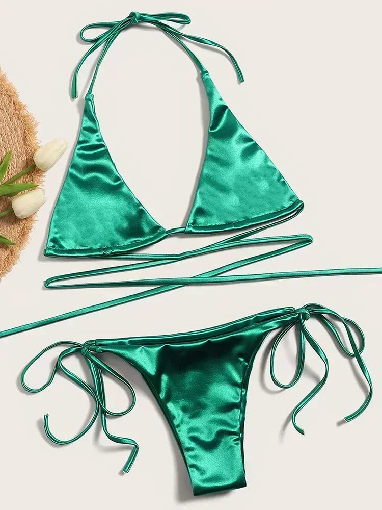 Halter Brazilian Metallic Satin Bikini Women Swimwear Female Swimsuit Two-pieces Bikini Set High Cut Bathing Suit Swim Beachwear