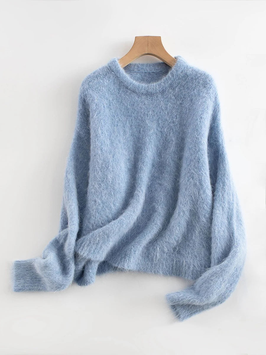 SuyaDream Warm Alpaca Pullovers for Woman, Dropped Sleeved Loose Sweaters, Brushed Wool Knit Sweater,  Fall Winter Top