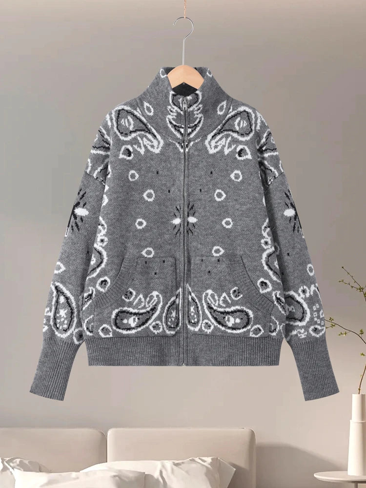 Casual Jacquard Cardigan for Women Loose Stand Collar Zipper Pockets All-match Female Sweater  Spring Thick Warm Knitwear