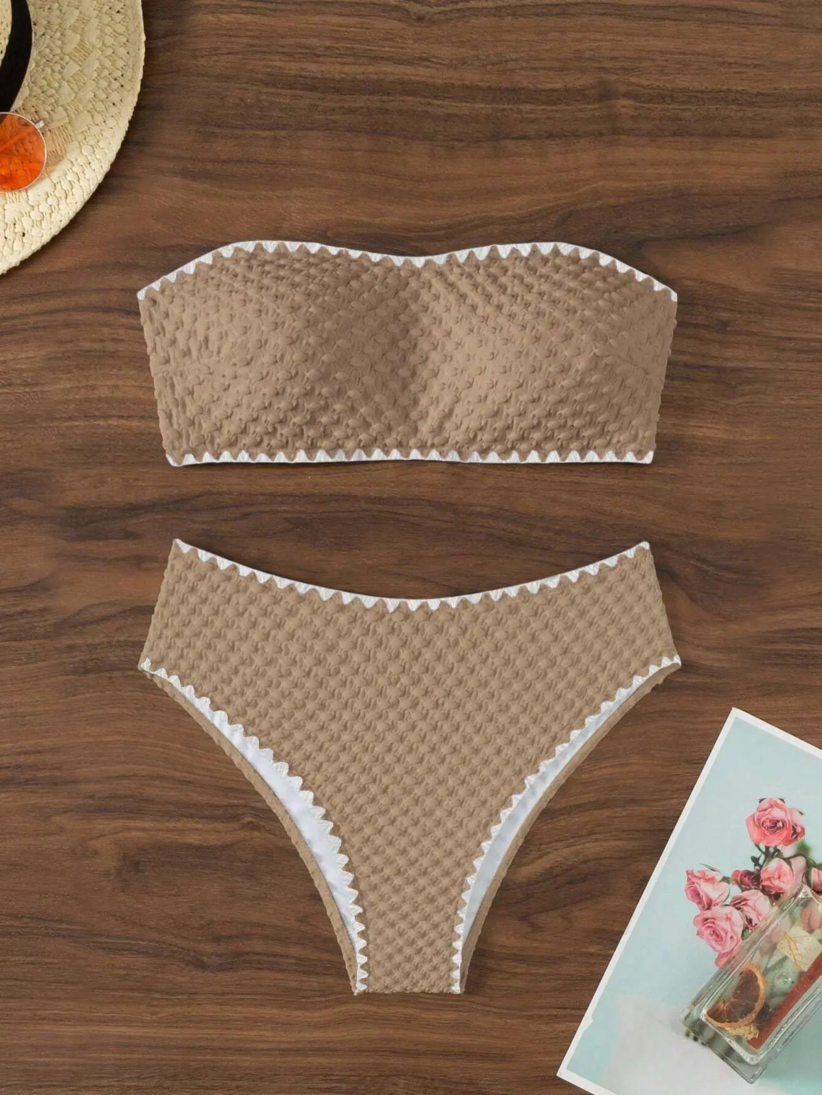 Swimwear White 2 Piece Strapless Swimsuit for Women Sexy Bandeau Backless Bikini Set Lace-up Patchwork Bathing Suit  New