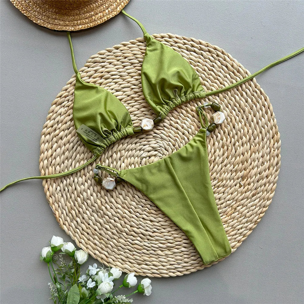 Solid Green Swimwears Sexy Halter Triangle Bead String Bikini Mini Micro Thong Swimsuit Woman  Summer Brazilian Bikinis Sets