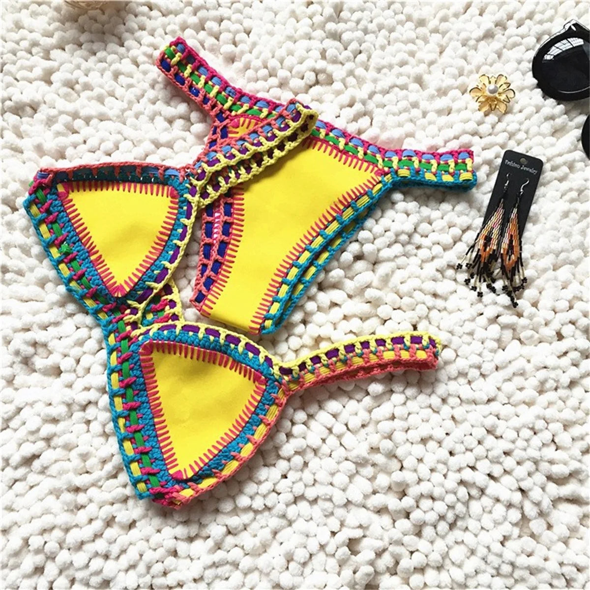 Pink Crochet Bikini  Sexy Women Swimsuit Female Swimwear Micro Bikini Set Bandeau Swimming Suit Beachwear Brazilian Biquini
