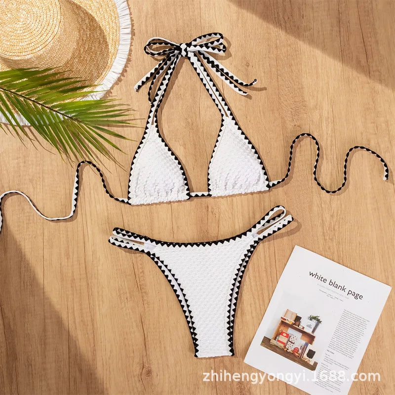 Swimwear White 2 Piece Strapless Swimsuit for Women Sexy Bandeau Backless Bikini Set Lace-up Patchwork Bathing Suit  New