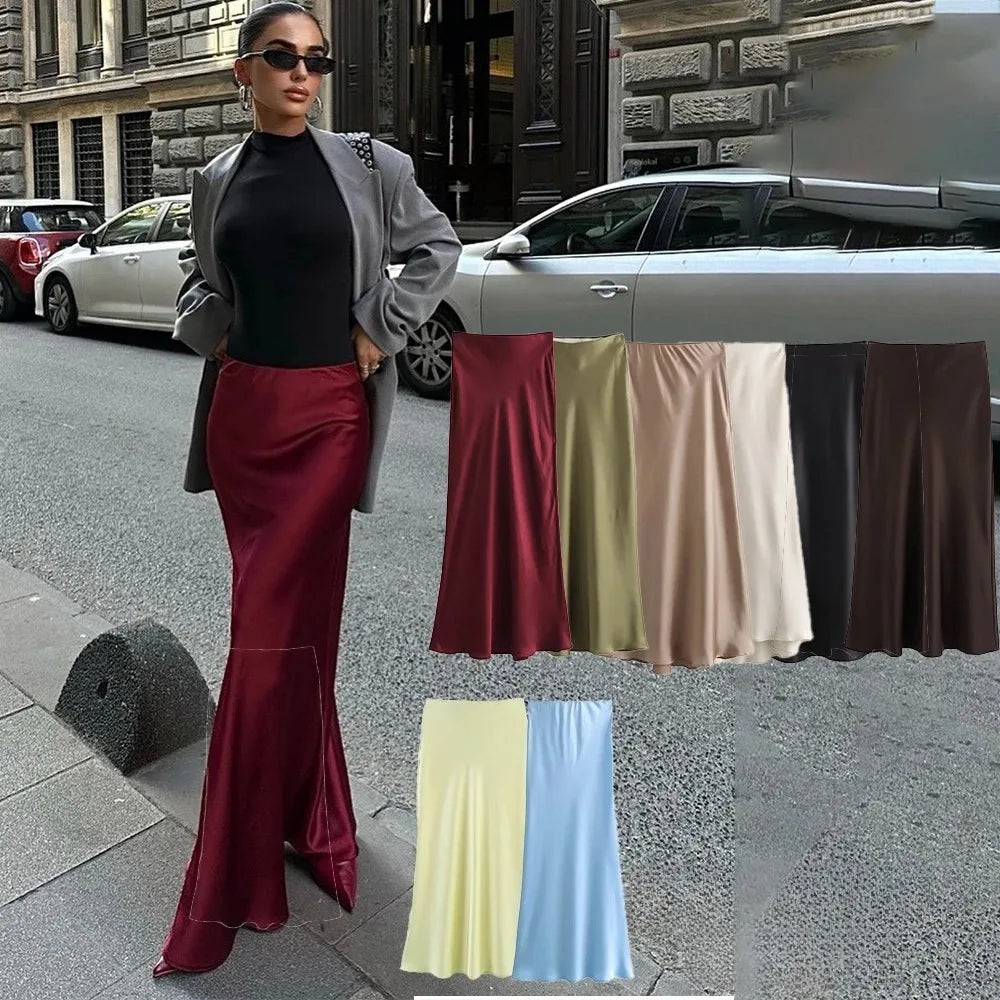 KONDALA Vintage Satin Solid Long Skirts Women High Waist Elastic Silky Skirts Fashion  Spring Elegant Straight Skirts