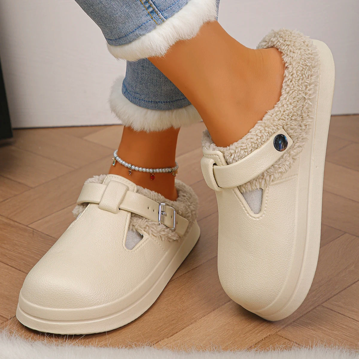 Winter Warm Fluffy Clogs Slippers Women Eva Waterproof Non