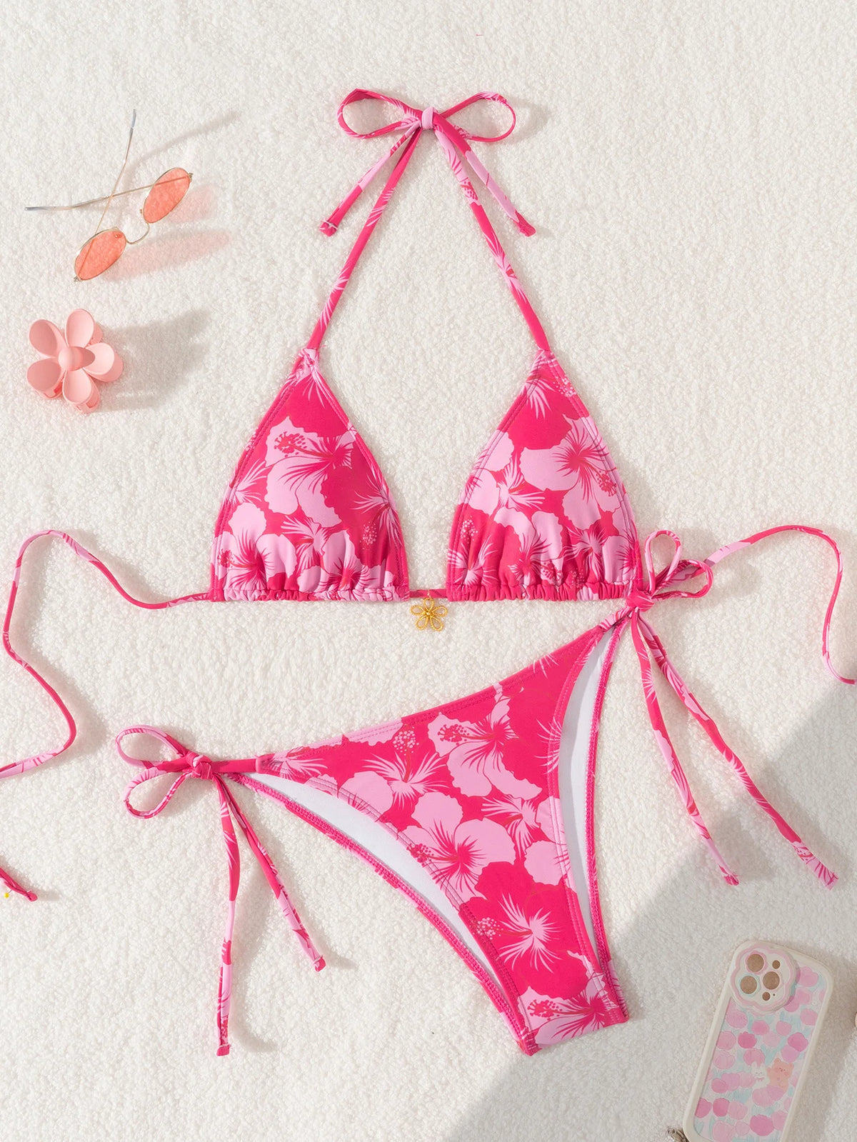 " New Triangle Bikini Set - Floral Print Push Up Swimsuit & Brazilian Bottoms"