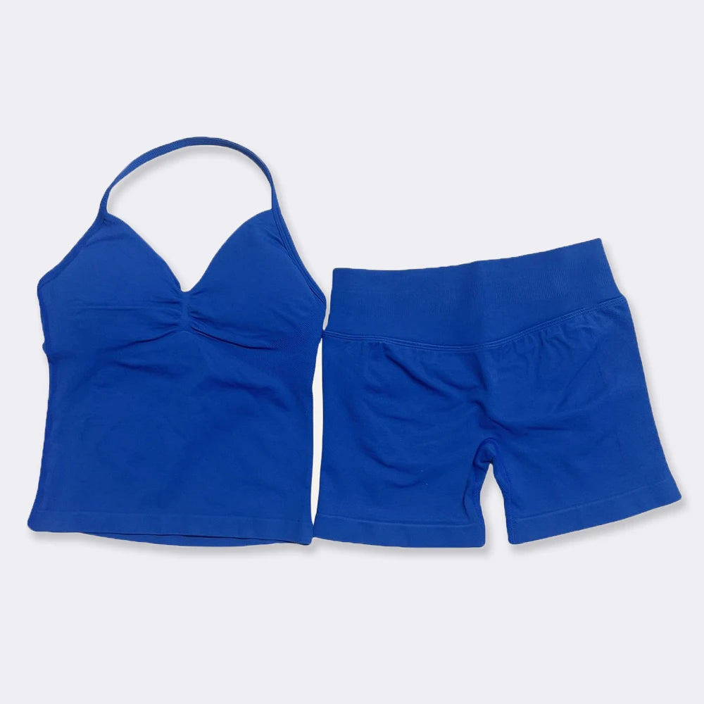 2Pcs Gym Set Yoga Longline Strappy Top and Seamless Scrunch Butt Lifting Short Workout Yoga Set Outfits