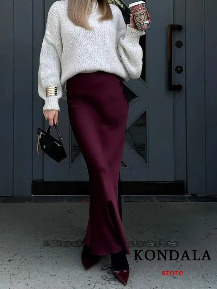 KONDALA Vintage Satin Solid Long Skirts Women High Waist Elastic Silky Skirts Fashion  Spring Elegant Straight Skirts