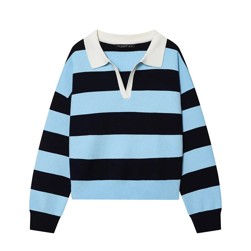 Autumn Women's  New Knitted Striped Sweater Polo Neck Pullover Autumn Fashion Loose Elegant Warm Young Women Sweater Street