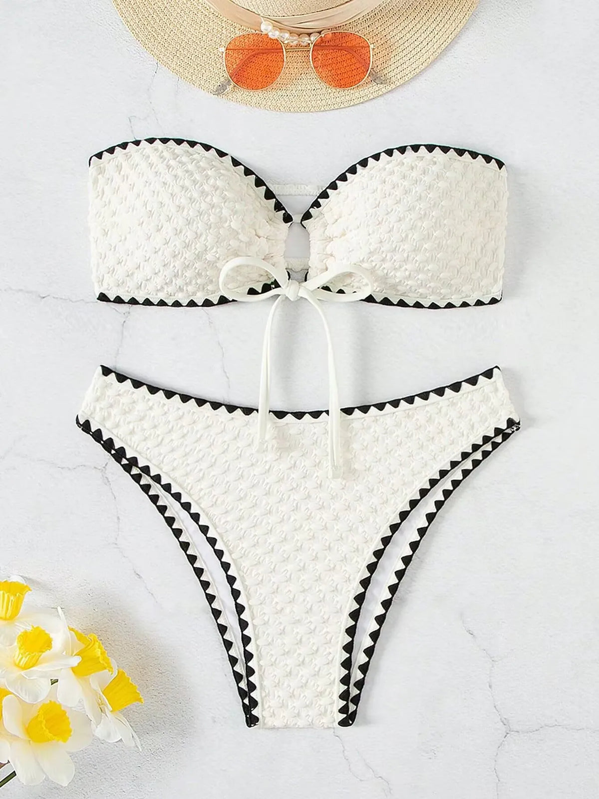 Swimwear White 2 Piece Strapless Swimsuit for Women Sexy Bandeau Backless Bikini Set Lace-up Patchwork Bathing Suit  New