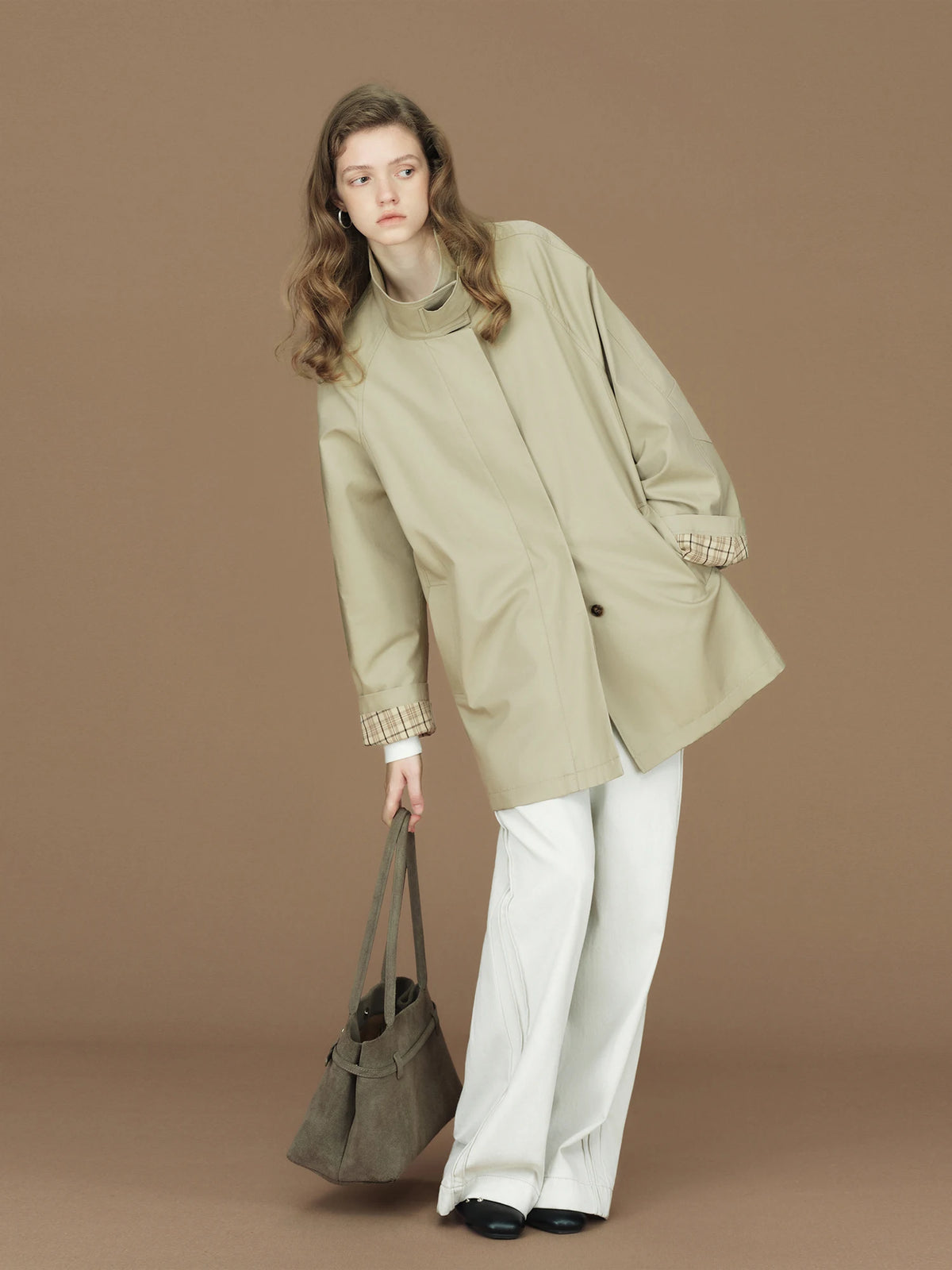FSLE  Womens British Trench Coat Contrast Cuff Stand Collar Heritage Workwear Style Pink Black Khaki Short Long Trench Coat