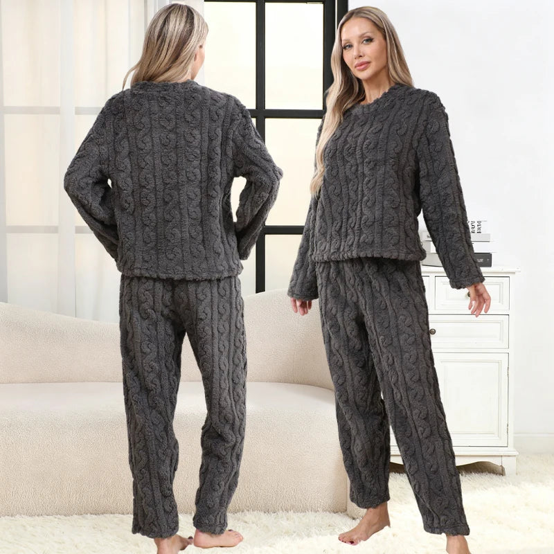 Women's Autumn and Winter Thermal Pajamas Sets Coral Velvet Jacquard Warm Loungewear Female Soft Comfortable Thickened Sleepwear