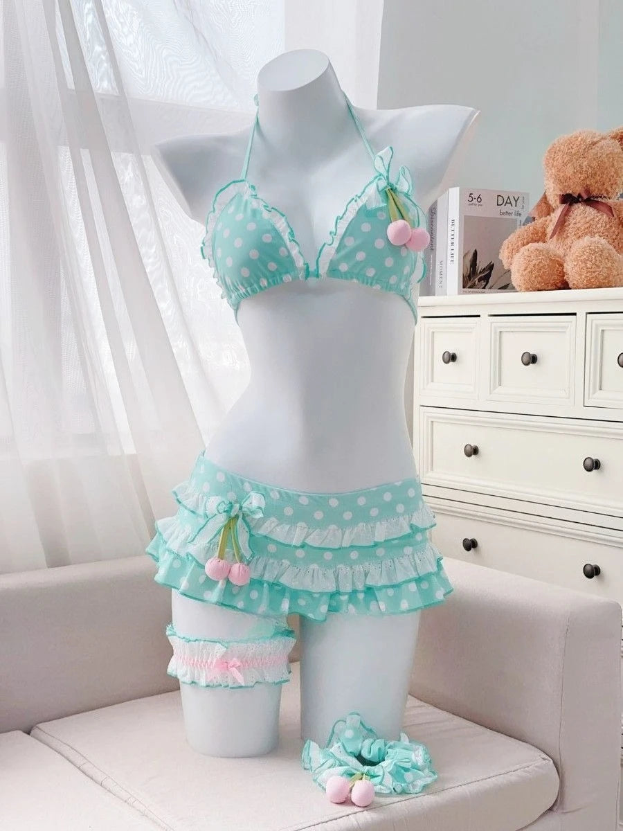 Japanese Style Kawaii Girls Swimsuit Sweet Printed Halter Bikini Swimsuit Women Ruffle Bikini Set Bather Bathing Suit Swim