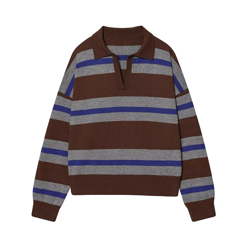Autumn Women's  New Knitted Striped Sweater Polo Neck Pullover Autumn Fashion Loose Elegant Warm Young Women Sweater Street