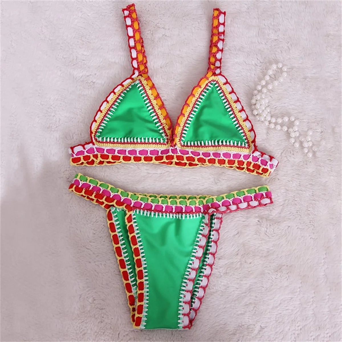 Pink Crochet Bikini  Sexy Women Swimsuit Female Swimwear Micro Bikini Set Bandeau Swimming Suit Beachwear Brazilian Biquini