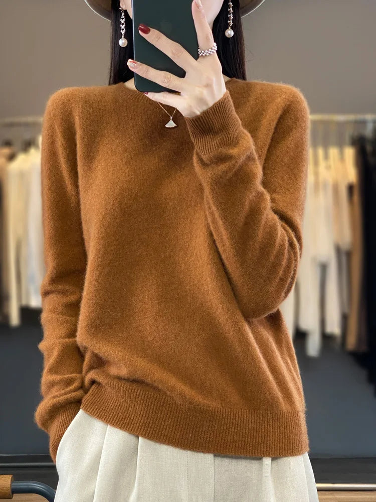100% Merino Wool Sweater Women O-neck Cashmere Knitwear Female Pullover Autumn Winter Casual Tops Solid Color Soft  Clothing