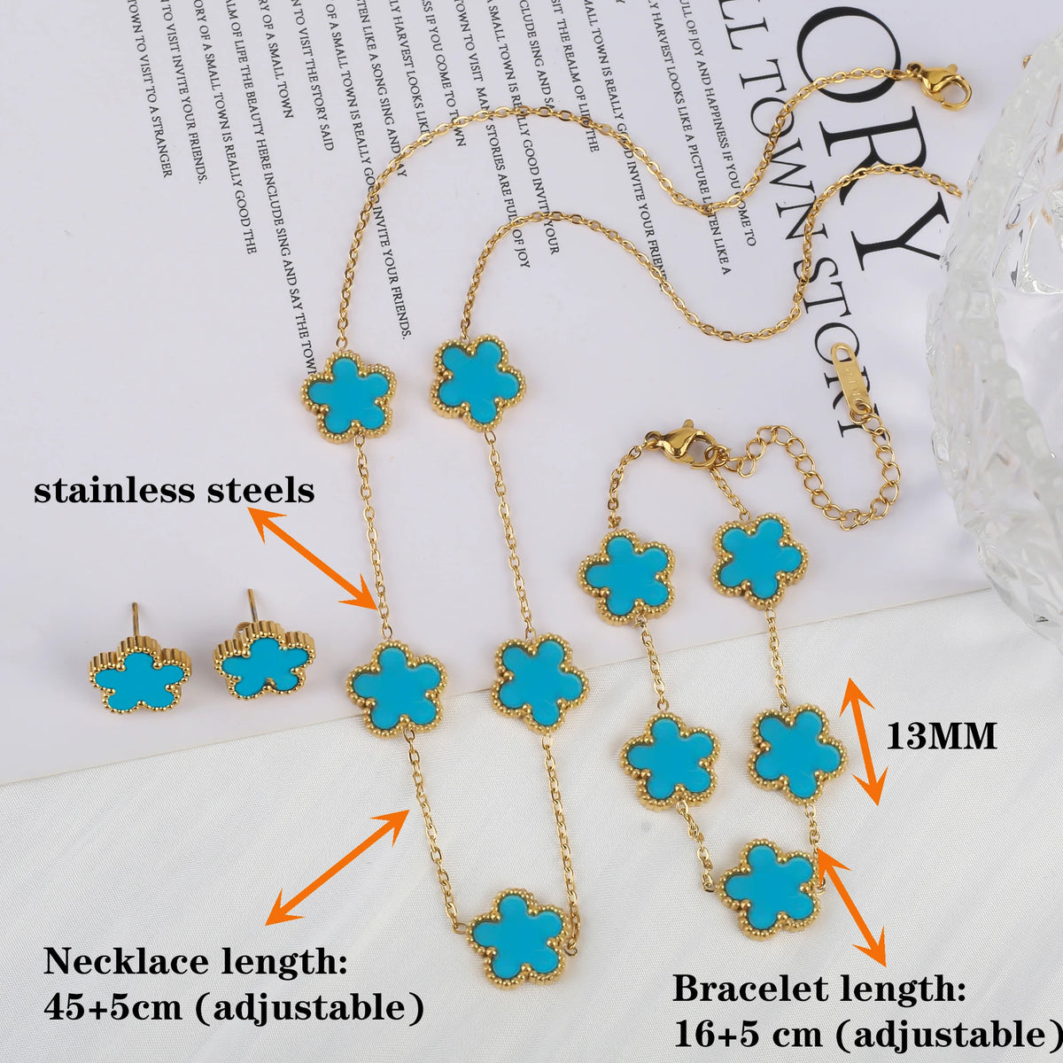 18K Gold Clover Jewelry Set – Necklace, Earrings & Bracelet