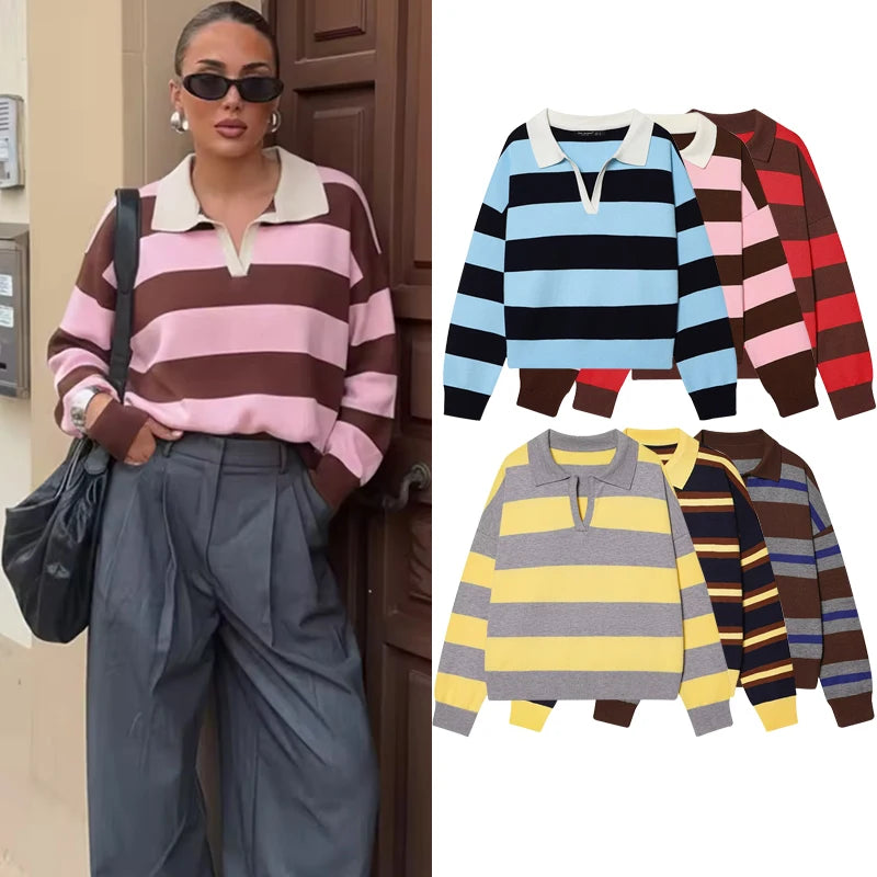 Autumn Women's  New Knitted Striped Sweater Polo Neck Pullover Autumn Fashion Loose Elegant Warm Young Women Sweater Street