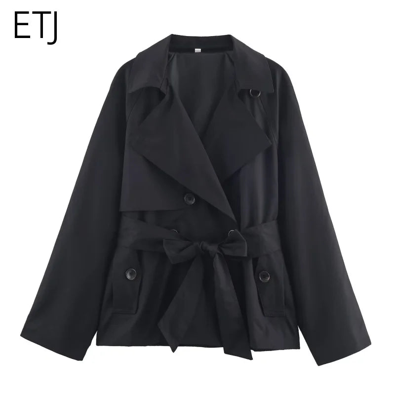ETJ Autumn  new collection  women's British style lapel double-breasted Maillard color belt casual trench coat