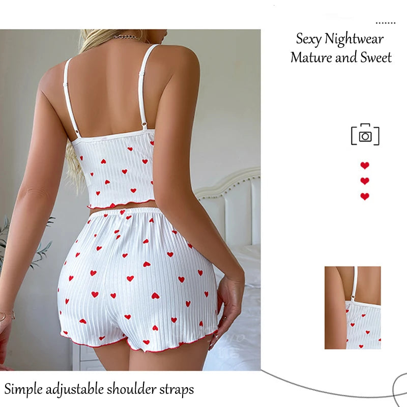 Silk Heart-Print Pajama Set – Cami Top & Shorts