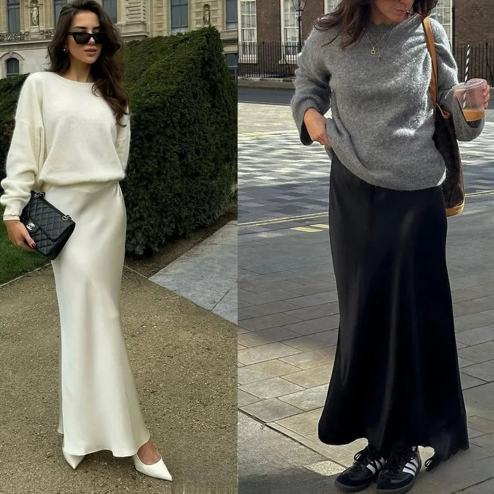 KONDALA Vintage Satin Solid Long Skirts Women High Waist Elastic Silky Skirts Fashion  Spring Elegant Straight Skirts
